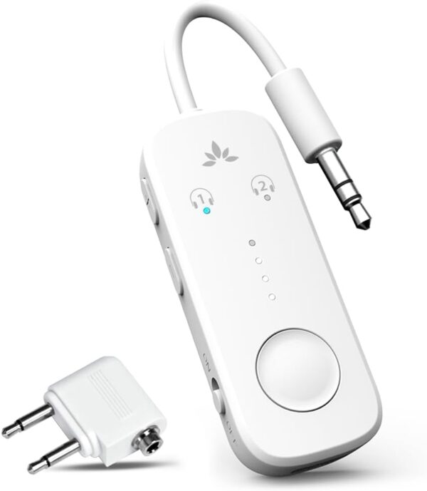 Avantree Relay - Premium Airplane Bluetooth 5.3 Adapter, Supports 2 AirPods or Headphones with aptX Adaptive, 3.5mm AUX Jack Wireless Audio Transmitter for Planes, Travel, TV (White)