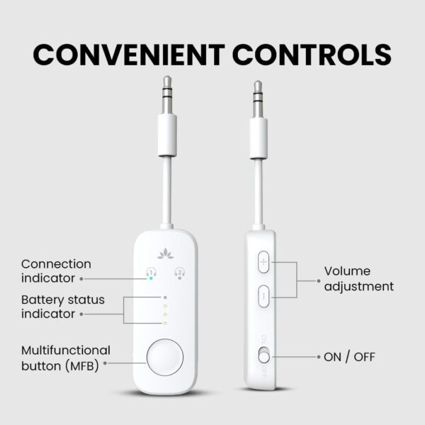 Avantree Relay - Premium Airplane Bluetooth 5.3 Adapter, Supports 2 AirPods or Headphones with aptX Adaptive, 3.5mm AUX Jack Wireless Audio Transmitter for Planes, Travel, TV (White) - Image 7