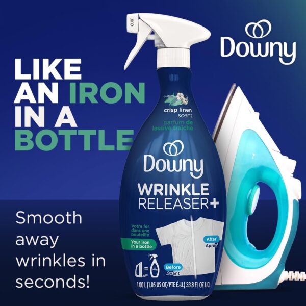 Downy Wrinkle Release Spray, Travel Size Spray, All In One Formula, Removes Wrinkles, Static and Odor Eliminator, Crisp Linen Scent, 3 Fl Oz, Pack of 3 - Image 2