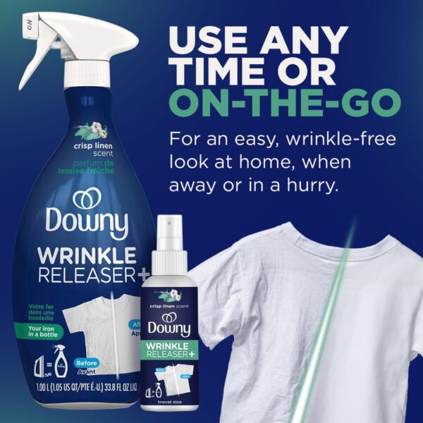 Downy Wrinkle Release Spray, Travel Size Spray, All In One Formula, Removes Wrinkles, Static and Odor Eliminator, Crisp Linen Scent, 3 Fl Oz, Pack of 3 - Image 5