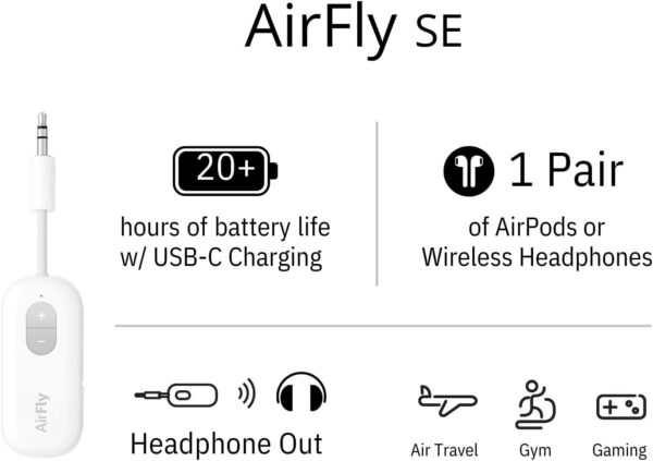 Twelve South AirFly SE | Bluetooth Wireless Audio Transmitter Adapter for AirPods/Headphones, 20+ Hr Battery, Works with 3.5mm aux Jacks on Airplanes, TVs, Gym Equipment, and Travel - Image 9