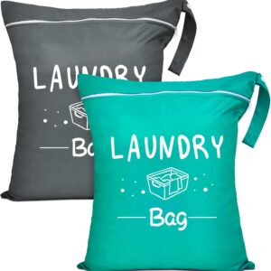2 Pcs Large Travel Laundry Bags - Waterproof Wet/Dry, Washable, Drawstring, Bathing Suit, Workout, Gym Clothes, Swimming, Yoga - Green, Grey
