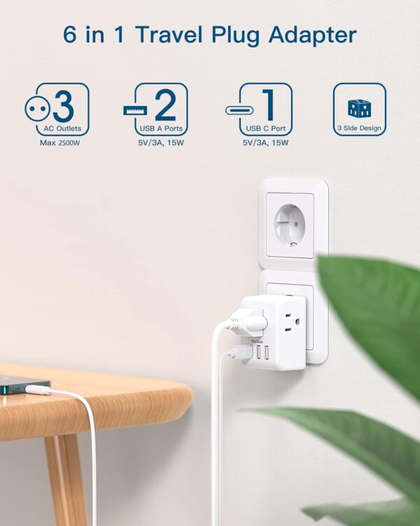 2 Pack European Travel Plug Adapter, One Beat International Power Adapter with 3 Outlets 3 USB Ports(1 USB C), Type C Plug Adaptor for US to Europe Italy Spain France Germany Iceland Travel Essentials - Image 2