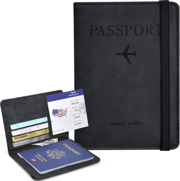 Passport Holder, Passport Cover with Credit Card Slot and Boarding Pass Slot Combo, Passport Wallet Case Book Travel Must Have, RFID Blocking Leather Travel Accessories, Black - Image 2