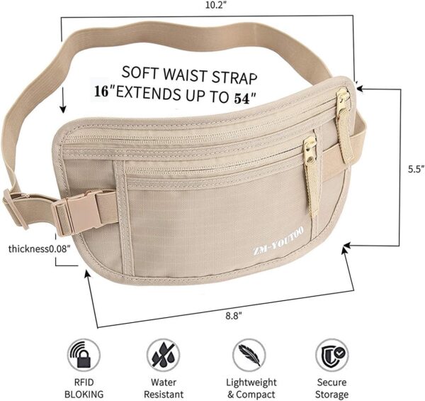 Money Belt for Travel - Hidden Travel Pouch Protect Your Credit and Money With RFID Blocking Passport Holder Waist Wallet (Khaki) - Image 6