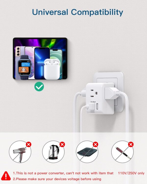 2 Pack European Travel Plug Adapter, One Beat International Power Adapter with 3 Outlets 3 USB Ports(1 USB C), Type C Plug Adaptor for US to Europe Italy Spain France Germany Iceland Travel Essentials - Image 5