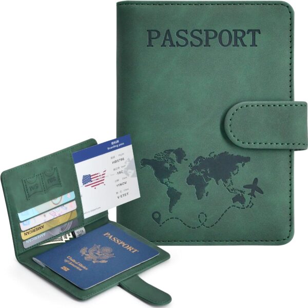 Passport Holder, Passport Cover with Credit Card Slot and Boarding Pass Slot Combo, Passport Wallet Case Book Travel Must Have, RFID Blocking Leather Travel Accessories, Green - Image 2