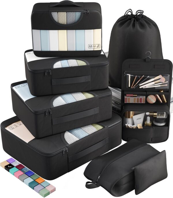 Veken 8 Set Packing Cubes for Travel Essentials, Suitcase Organizer Bags Set for Luggage, Road Trip Travel Accessories in 4 Sizes (Extra Large, Large, Medium, Small), Black