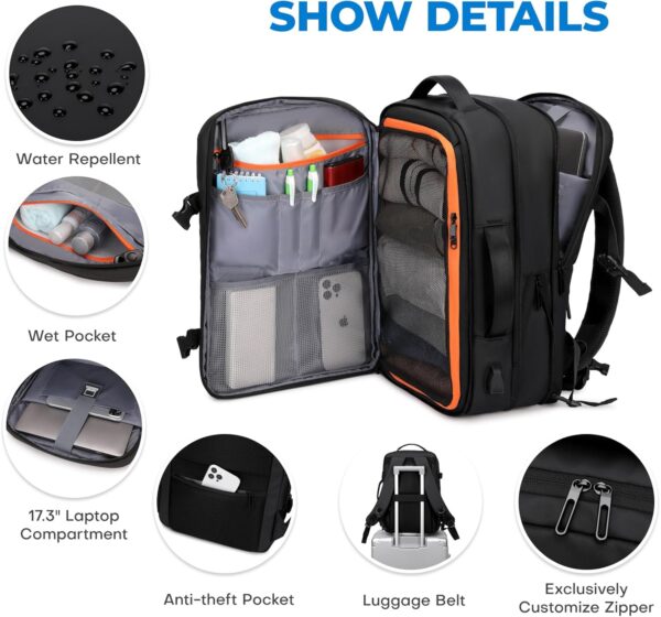Carry On Travel Backpack for Airplanes | 40L Suitcase Backpack Luggage Business Weekender Bag - Expandable Travel Carry On Flight Approved for Men Women - Black - Image 4