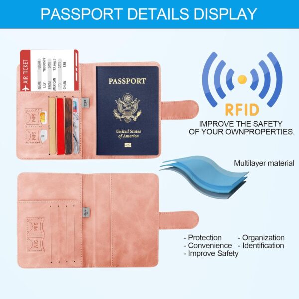 Passport Holders, RFID Blocking Credit Card Holder, PU Leather Passport Holders for Travel with Magnetic Buckle, Travel Must Haves Cruise Ship Essentials for Men, Women (Pink) - Image 3