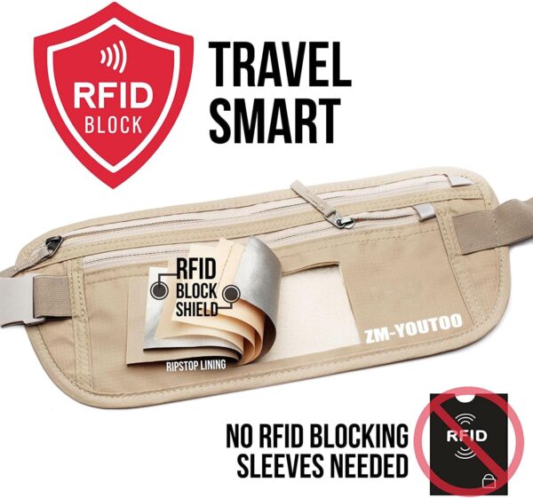 Money Belt for Travel - Hidden Travel Pouch Protect Your Credit and Money With RFID Blocking Passport Holder Waist Wallet (Khaki) - Image 5