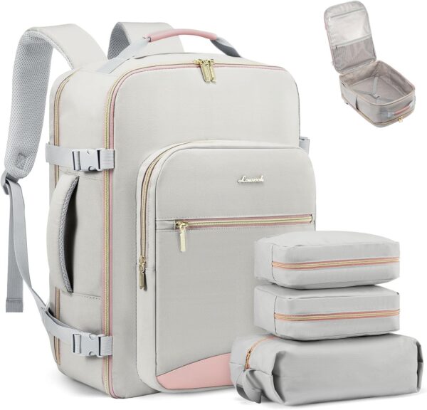 LOVEVOOK Carry on Travel Backpack, 40L Waterproof Large 17inch Laptop Luggage Daypack as Personal Item Flight Approved, Business Weekender Overnight with 3 Packing Cubes, Light gray-Pink