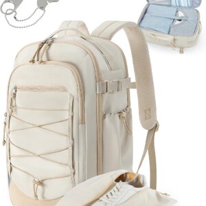 BAGSMART Carry On Travel Backpack, 17 Inch Large Travel backpack Carry On Flight Approved, Anti-theft Personal Item Backpack Travel Bag With Shoe Bag, 30L Water Resistant Casual Daypack, Beige