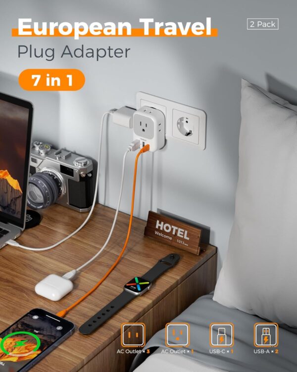 2 Pack European Plug Adapter USB C, TESSAN US to Europe Adapter 4 Outlets 3 USB Charger, Type C International Power Adaptor to Italy Spain France Portugal Iceland Germany, Europe Travel Essentials - Image 3