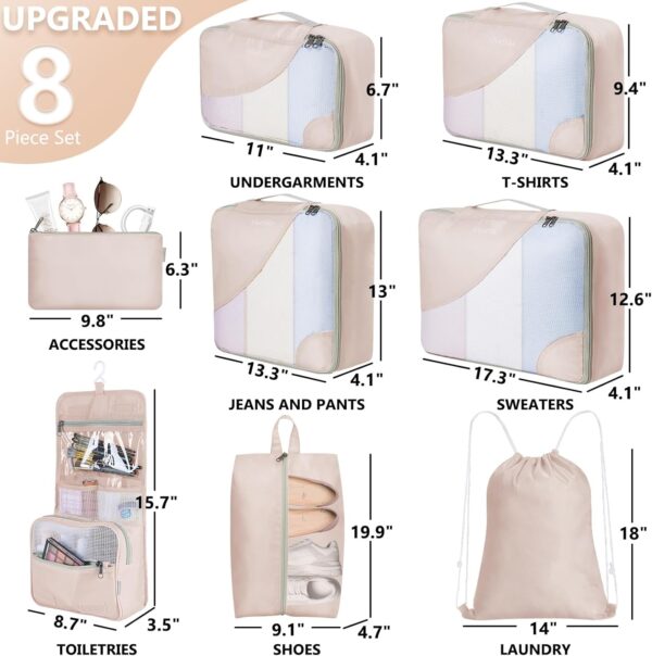 10 Set/8 Set Packing Cubes for Travel, Gifts for Women Mom,Anti-Tearing Suitcase Organizer for Luggage with Shoe & Hanging Toiletry Bag,OlarHike Vacation Essentials & Accessories for Cruise Ship,Cream - Image 2