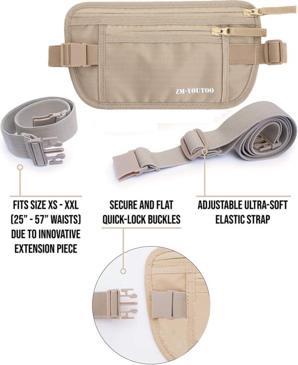 Money Belt for Travel - Hidden Travel Pouch Protect Your Credit and Money With RFID Blocking Passport Holder Waist Wallet (Khaki) - Image 4