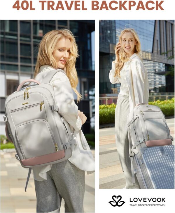 LOVEVOOK Travel Backpack For Women, 40L Carry On Backpack Flight Approved, TSA Personal Item Travel Bag Fits 17 Inch Laptop, Business Weekender Overnight Waterproof Daypack With 2 Cubes, Grey-Pink - Image 10