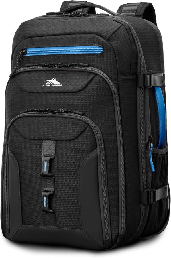 High Sierra Hi-Life Travel Backpack - Features 2-inch Expansion, WetPak Pockets, 17” Laptop Compartment, Stack-It Strap, Adjustable Sternum Strap, Fleece Pocket, Dual Water Bottle Pockets - Blue/Black