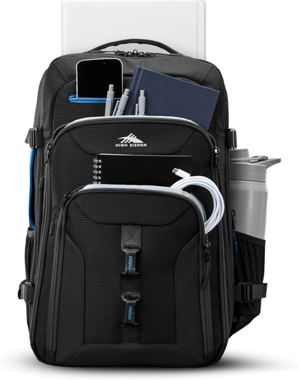 High Sierra Hi-Life Travel Backpack - Features 2-inch Expansion, WetPak Pockets, 17” Laptop Compartment, Stack-It Strap, Adjustable Sternum Strap, Fleece Pocket, Dual Water Bottle Pockets - Blue/Black - Image 4