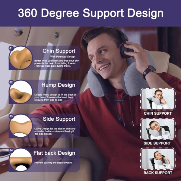 napfun Neck Pillow for Traveling, Upgraded Travel Neck Pillow for Airplane 100% Pure Memory Foam Travel Pillow for Flight Headrest Sleep, Portable Plane Accessories, Light Grey - Image 3