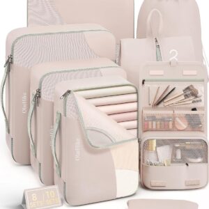 10 Set/8 Set Packing Cubes for Travel, Gifts for Women Mom,Anti-Tearing Suitcase Organizer for Luggage with Shoe & Hanging Toiletry Bag,OlarHike Vacation Essentials & Accessories for Cruise Ship,Cream