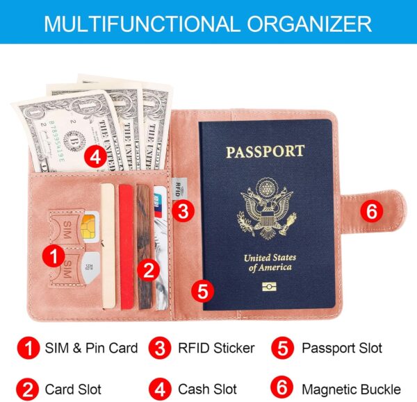 Passport Holders, RFID Blocking Credit Card Holder, PU Leather Passport Holders for Travel with Magnetic Buckle, Travel Must Haves Cruise Ship Essentials for Men, Women (Pink) - Image 6