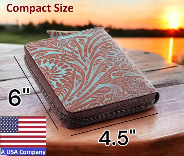Passport Wallet - Travel Document Holder w/RFID Blocking – Full Grain Leather – Bifold compact zip around Wallet with Credit Card Slots for Women and Men,Turquoise floral,500-50 - Image 3