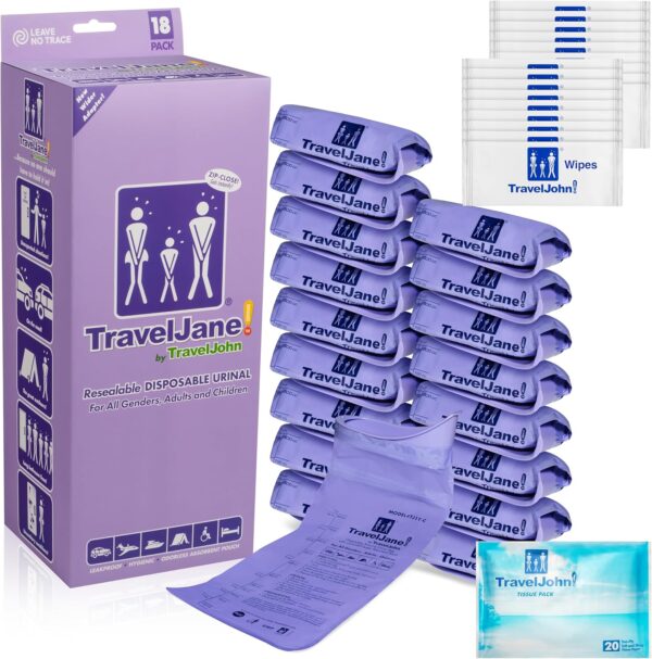 TravelJane Resealable Disposable Urinal for All Genders, Adults, and Children (18 Pack) Designed for Emergencies, Travel, Camping, Long Car Rides and More - 28oz/800ml Capacity (TJ1T-C)