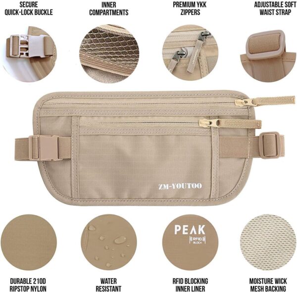 Money Belt for Travel - Hidden Travel Pouch Protect Your Credit and Money With RFID Blocking Passport Holder Waist Wallet (Khaki) - Image 3