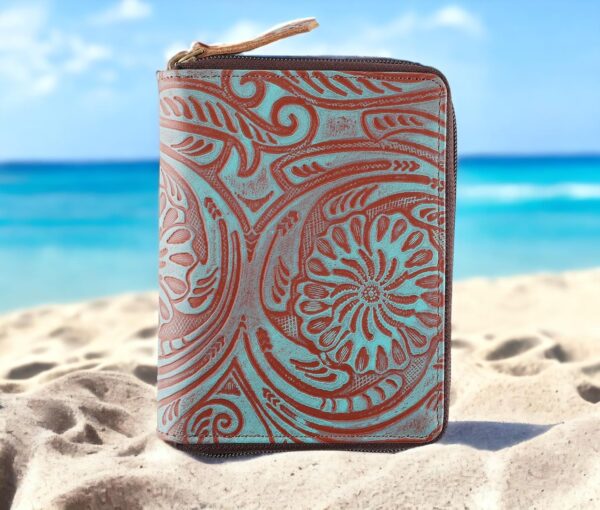 Passport Wallet - Travel Document Holder w/RFID Blocking – Full Grain Leather – Bifold compact zip around Wallet with Credit Card Slots for Women and Men,Turquoise floral,500-50 - Image 5