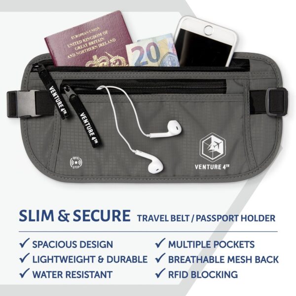 VENTURE 4TH Travel Money Belt - Slim Passport Holder RFID Blocking Travel Pouch to Protect Cash, Credit Cards and Travel Documents (Gray) - Image 3
