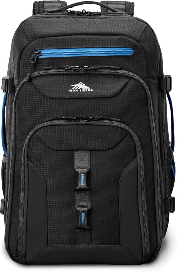High Sierra Hi-Life Travel Backpack - Features 2-inch Expansion, WetPak Pockets, 17” Laptop Compartment, Stack-It Strap, Adjustable Sternum Strap, Fleece Pocket, Dual Water Bottle Pockets - Blue/Black - Image 3