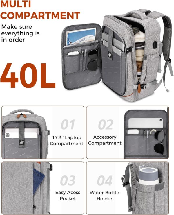 Vancropak Carry on Backpack, Flight Approved Travel Backpack with 3 Packing Cubes, Expandable Large 40L Travel Bag fits 17.3" Laptop, Anti Theft Luggage Suitcase Weekend Daypack for Women Men, Grey - Image 2