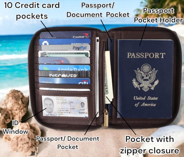 Passport Wallet - Travel Document Holder w/RFID Blocking – Full Grain Leather – Bifold compact zip around Wallet with Credit Card Slots for Women and Men,Turquoise floral,500-50 - Image 2