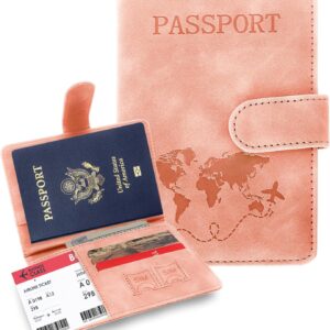 Passport Holders, RFID Blocking Credit Card Holder, PU Leather Passport Holders for Travel with Magnetic Buckle, Travel Must Haves Cruise Ship Essentials for Men, Women (Pink)