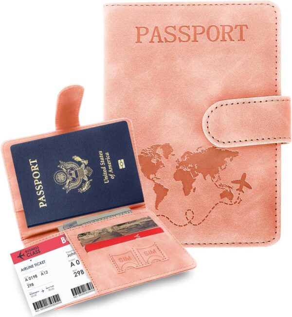 Passport Holders, RFID Blocking Credit Card Holder, PU Leather Passport Holders for Travel with Magnetic Buckle, Travel Must Haves Cruise Ship Essentials for Men, Women (Pink)