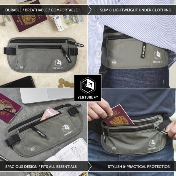 VENTURE 4TH Travel Money Belt - Slim Passport Holder RFID Blocking Travel Pouch to Protect Cash, Credit Cards and Travel Documents (Gray) - Image 4