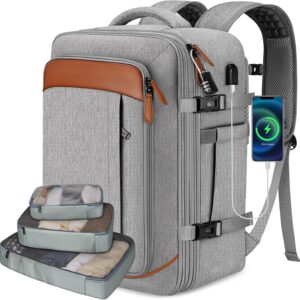 Vancropak Carry on Backpack, Flight Approved Travel Backpack with 3 Packing Cubes, Expandable Large 40L Travel Bag fits 17.3" Laptop, Anti Theft Luggage Suitcase Weekend Daypack for Women Men, Grey