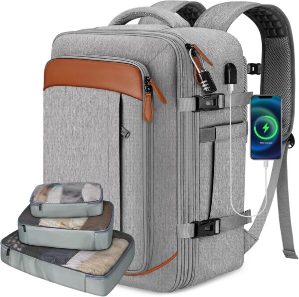 Vancropak Carry on Backpack, Flight Approved Travel Backpack with 3 Packing Cubes, Expandable Large 40L Travel Bag fits 17.3" Laptop, Anti Theft Luggage Suitcase Weekend Daypack for Women Men, Grey