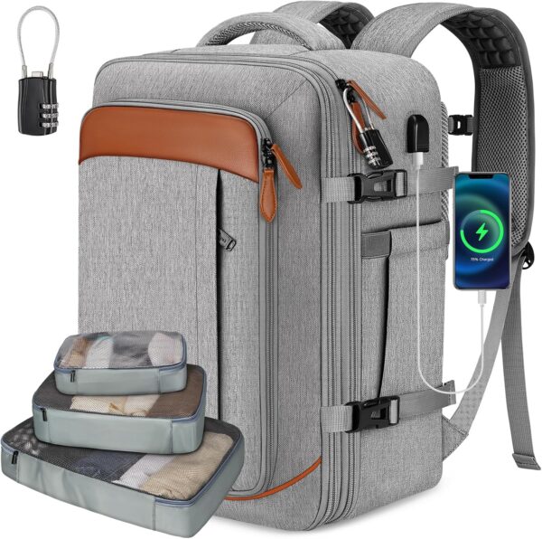 Vancropak Carry on Backpack, Flight Approved Travel Backpack with 3 Packing Cubes, Expandable Large 40L Travel Bag fits 17.3" Laptop, Anti Theft Luggage Suitcase Weekend Daypack for Women Men, Grey - Image 8